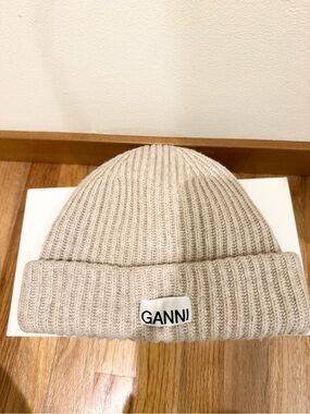 Ganni Ribbed Knit Beanie Hat Beige One Size